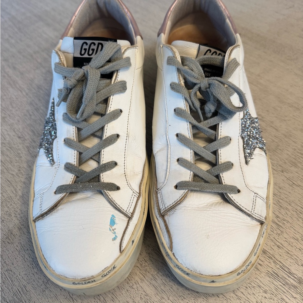 Golden Goose Hi Star White Sneakers with Glitter Star - Picture 4 of 6